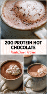 Mug of creamy Diet Hot Chocolate made with Hot Chocolate With Protein Powder, Low Calorie Hot Chocolate Mix, and Healthy Hot Chocolate With Cocoa Powder topped with dairy free foam for a cozy High Protein Dessert.